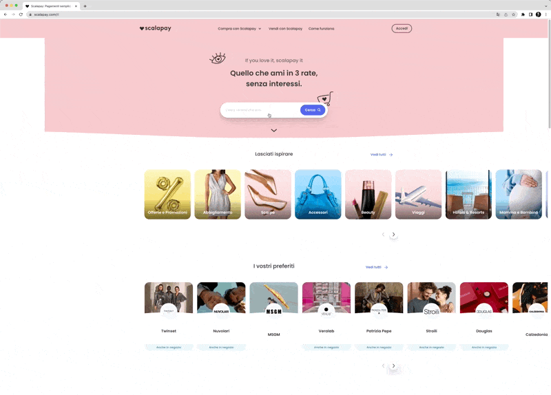 Animated demo of Algolia predictive search on the Scalapay merchant directory
