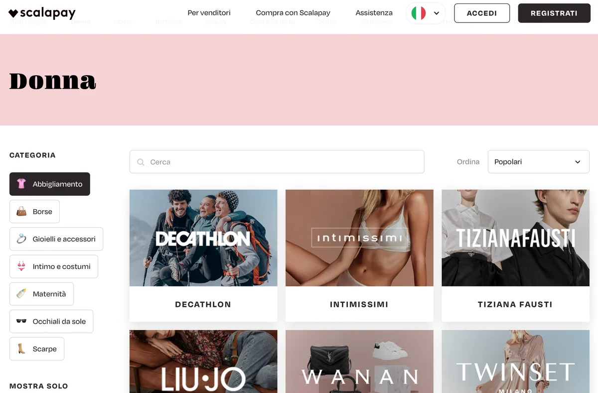 Scalapay merchant directory showing emoji-based category filtering UI